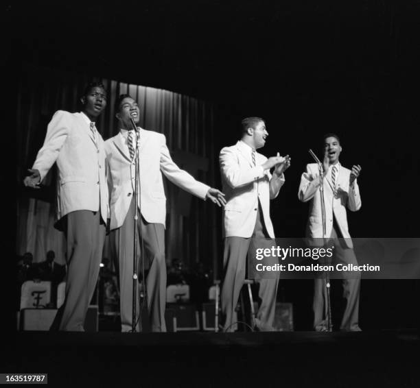 Doo-wop group "The Cleftones" perform onstage during Alan Freed's 4th anniversary rock and roll show "The Big Beat" at the Brooklyn Fox Theater on...
