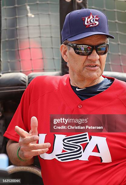 Manager Joe Torre of Team USA stands on the field during batting practice to the spring training game against the Chicago White Sox at Camelback...