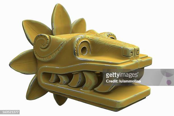 golden quetzalcoatl figurehead bearing teeth - the serpent stock pictures, royalty-free photos & images