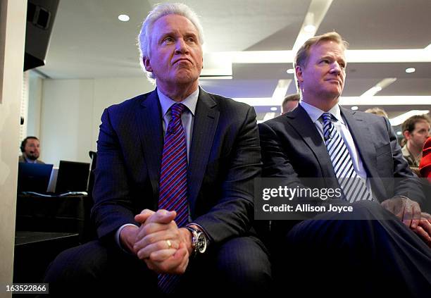 Jeff Immelt , chairman and CEO of General Electric, and Roger Goodell, commissioner of the National Football League , attend a news conference March...