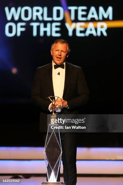 Laureus Academy Member Sean Fitzpatrick announces the European Ryder Cup Team as winners of Laureus World Team of the Year on stage during the awards...