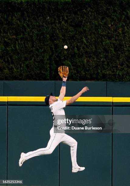 Center fielder Parker Meadows of the Detroit Tigers makes a leaping catch of a fly ball hit by Oswald Peraza of the New York Yankees during the fifth...