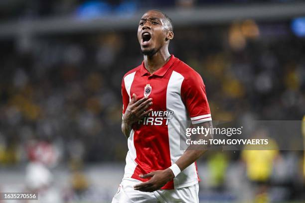 Antwerp's Michel Ange Balikwisha celebrates after scoring during a soccer game between Greek AEK Athens FC and Belgian soccer team Royal Antwerp FC,...