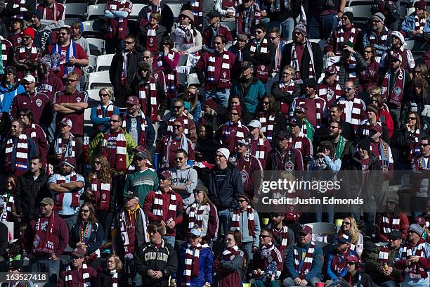 Fans of the Colorado Rapids support their team against the Philadelphia Union at Dick's Sporting Goods Park on March 10, 2013 in Commerce City,...