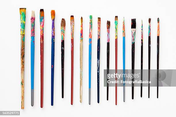 dirty paintbrushes - gouache stock pictures, royalty-free photos & images