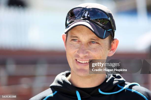 Bowling coach Shane Bond speaks to media during a New Zealand training session at Basin Reserve on March 12, 2013 in Wellington, New Zealand.