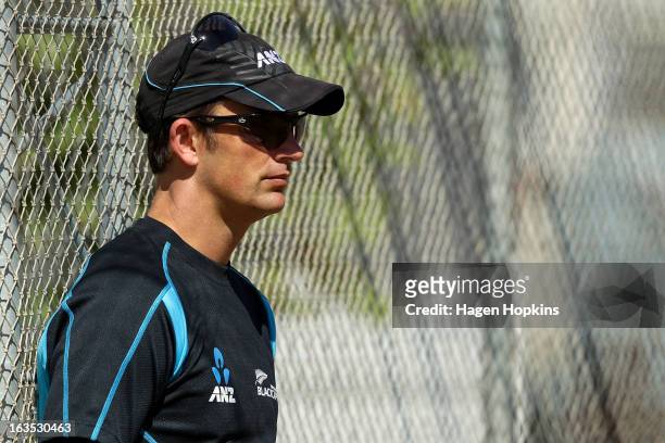 Bowling coach Shane Bond looks on during a New Zealand training session at Basin Reserve on March 12, 2013 in Wellington, New Zealand.