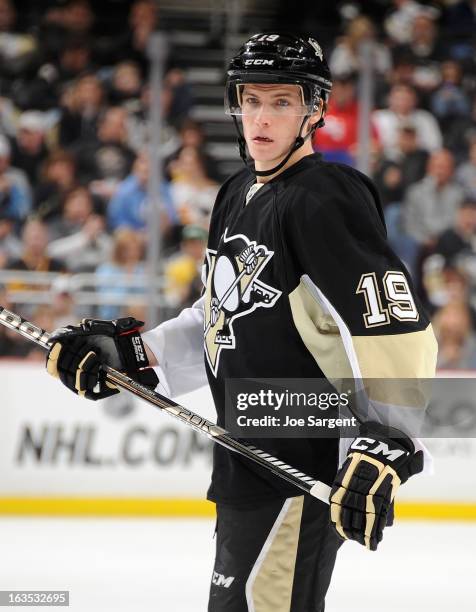 Beau Bennett of the Pittsburgh Penguins skates against the New York Islanders on March 10, 2013 at Consol Energy Center in Pittsburgh, Pennsylvania.