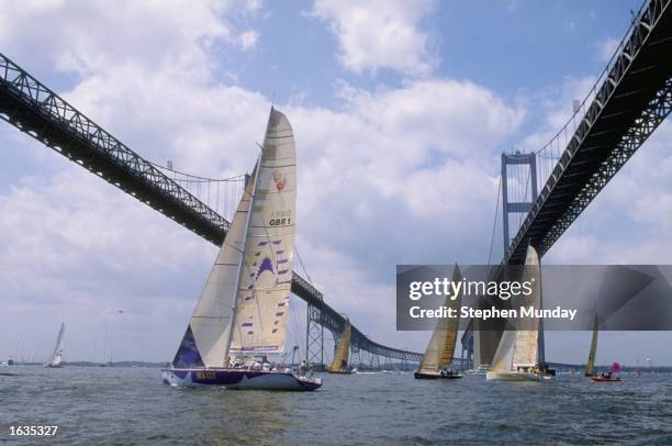 The Fleet tack under Chesapeake Bay Bridge at the start of the eight leg, from Annapolis, USA to La Rochelle, France of the Whtibread Round the World...