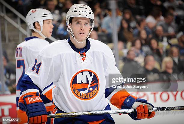 Thomas Hickey of the New York Islanders skates against the Pittsburgh Penguins on March 10, 2013 at Consol Energy Center in Pittsburgh, Pennsylvania.