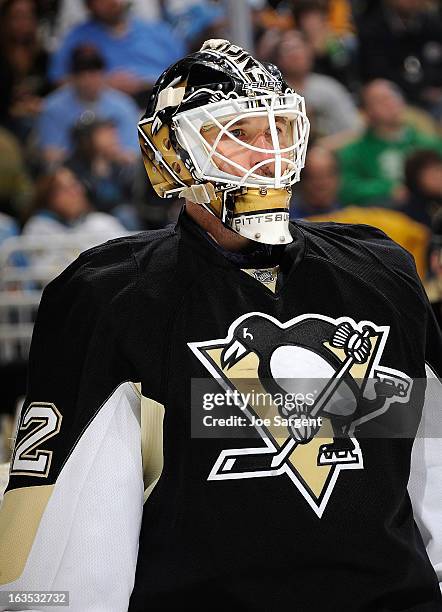 Tomas Vokoun of the Pittsburgh Penguins looks on against the New York Islanders on March 10, 2013 at Consol Energy Center in Pittsburgh, Pennsylvania.