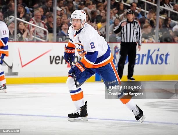 Mark Streit of the New York Islanders skates against the Pittsburgh Penguins on March 10, 2013 at Consol Energy Center in Pittsburgh, Pennsylvania.