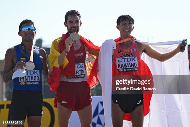 Bronze medalist Brian Daniel Pintado of Team Ecuador, gold medalist Alvaro Martin of Team Spain and bronze medalist Masatora Kawano of Team Japan...