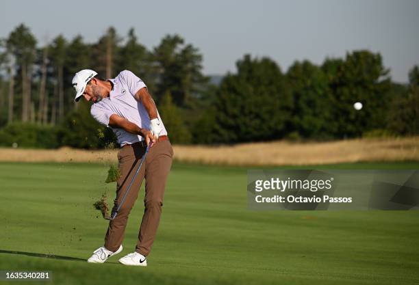Pablo Larrazabal of Spain plays his second shot on the 12th hole during Day One of the D+D Real Czech Masters at Albatross Golf Resort on August 24,...