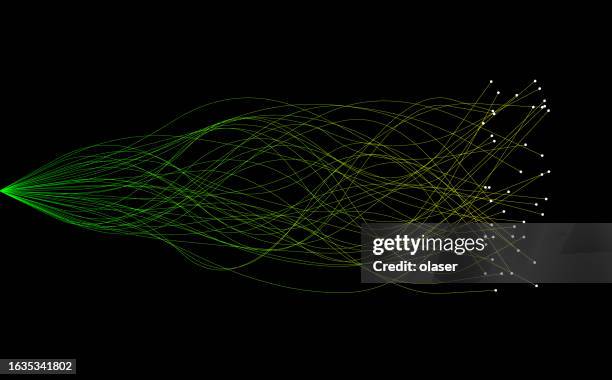 emerging from a single point on the left, a bundle of green communication fibers elegantly fans out, each strand culminating in a glowing white light at its tip. - fiber optic cable white stock illustrations