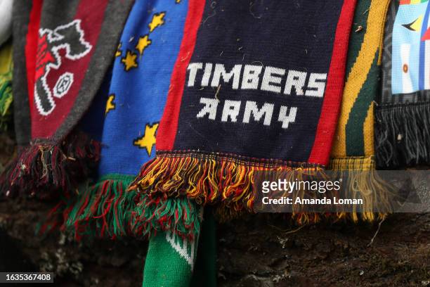 Timbers Army scarf rests on the Portland Timbers log prior to a game against Real Salt Lake at Providence Park on August 30, 2023 in Portland, Oregon.