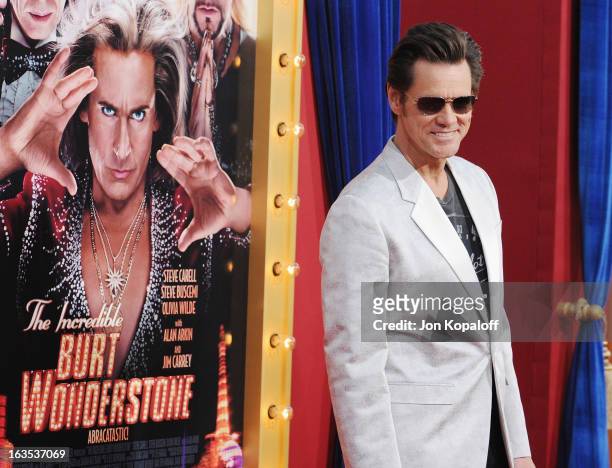 Actor Jim Carrey arrives at the Los Angeles Premiere "The Incredible Burt Wonderstone" at TCL Chinese Theatre on March 11, 2013 in Hollywood,...