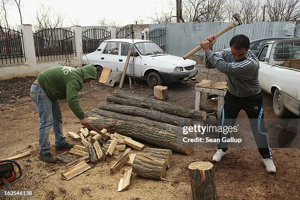 Ethnic Roma Victor Percu and his brother Serghei chop wood that they bought locally and will deliver as firewood to local families on March 11, 2013...