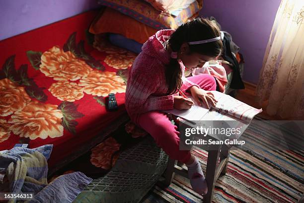 Madelina an ethnic Roma, does her English homework in the living room of her grandparents house where she lives on March 11, 2013 in Dilga, Romania....