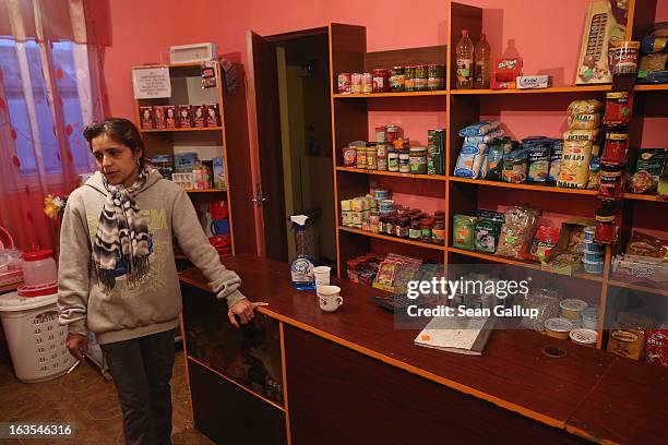 Ethnic Roma Xenia Costea stands in the small grocery shop she runs on March 11, 2013 in Dilga, Romania. Xenia says hers is one of six small shops in...