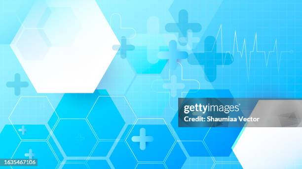 modern medical abstract background with cross shape, pulse, hexagons and molecular pattern. concepts and ideas for healthcare technology, innovation medicine, health, science and research design - circular hospital infographic stock illustrations