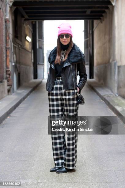 Style editor at Ladygunn magazine and PR Stacy Jean wears Asos trousers, Vince sweater, Chanel bag, Rigards sunglasses, June jacket a Top Shop hat...