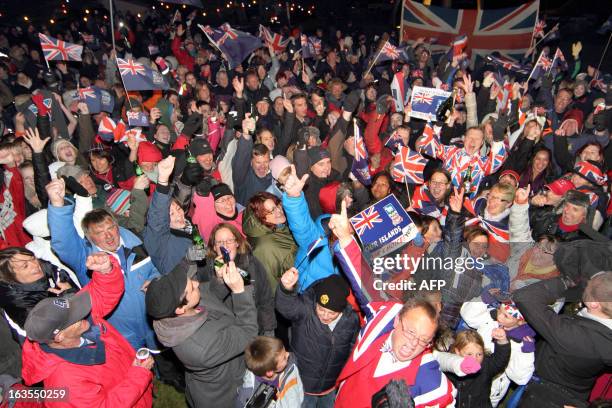 Islanders celebrate after the annouce of the referendum's result in Port Stanley, Falkland Islands, on March 11, 2013. Falkland Islanders were to...