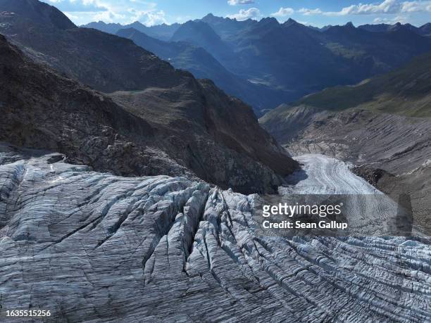 In this aerial view the tongue of the Gepatschferner glacier descends on August 22, 2023 above Kaunertal, Austria. Martin Stocker-Waldhuber, a...