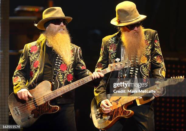 Dusty Hill and Billy Gibbons of ZZ Top perform live on stage at Allphones Arena on March 12, 2013 in Sydney, Australia.