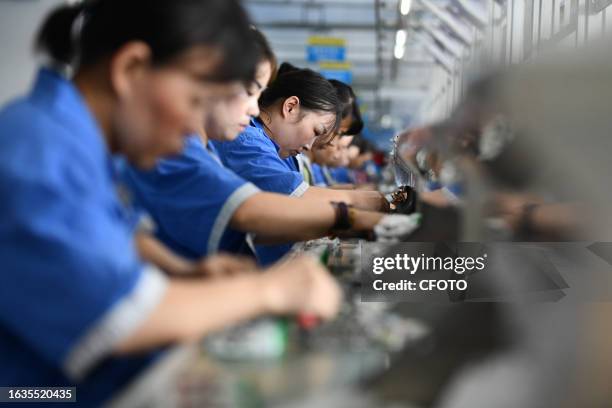 Workers work on a circuit breaker production line at an electric company workshop in Fuyang city, Anhui province, China, August 30, 2023. China's...