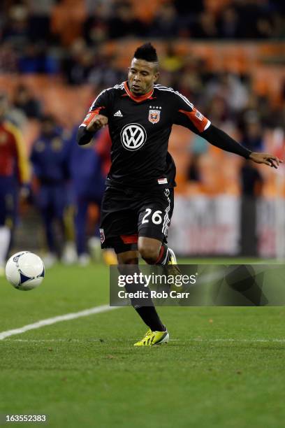 Lionard Pajoy of D.C. United goes after the ball during the second half against the Real Salt Lake at RFK Stadium on March 9, 2013 in Washington, DC.