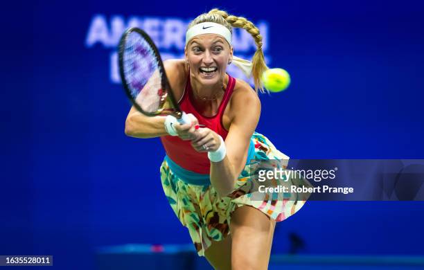 Petra Kvitova of the Czech Republic in action against Caroline Wozniacki of Denmark during the women's singles second round on Day 3 of the US Open...