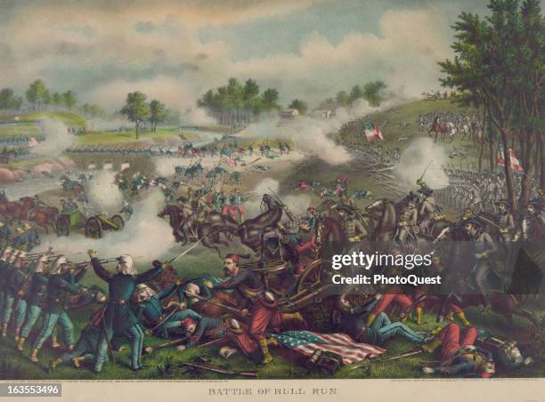 Illustration showing a scene from the First Battle of Bull Run, between Union and Confederate forces, during the American Civil War, near Manassas,...