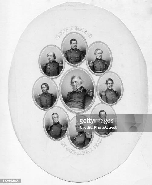 Generals of the Union Army - Clockwise, from top: McClellan, Dix, Banks, Lyon, Wool, Anderson, Fremont, Butler. Center: Winfield Scott.
