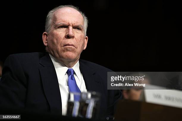 Director John Brennan testifies during a hearing before the Senate Intelligence Committee March 12, 2013 on Capitol Hill in Washington, DC. The...