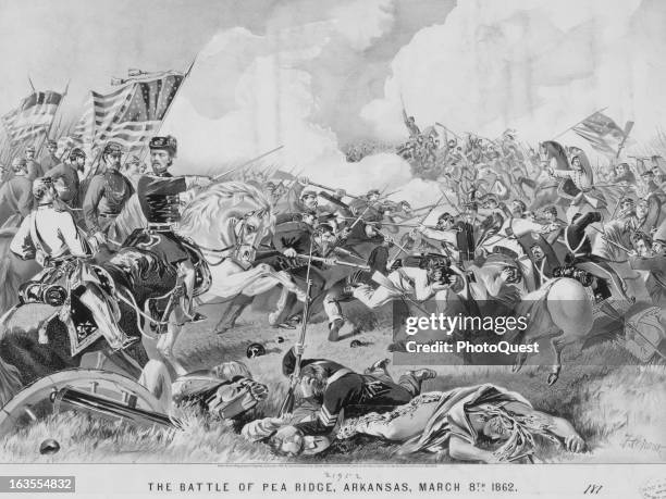 Illustration, from a Currier and Ives print, showing action during the Battle of Pea Ridge, Arkansas, March 8, 1862.