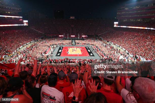 General view of the court during the game between the Nebraska Cornhuskers and the Omaha Mavericks at Memorial Stadium on August 30, 2023 in Lincoln,...