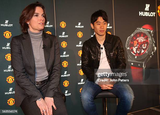 Hublot marketing director Valerie Servageon Grande and Shinji Kagawa of Manchester United take part in a press conference before taking part in a...