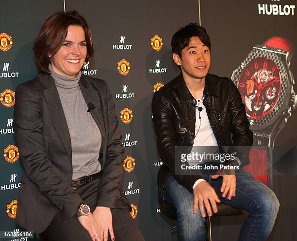 Shinji Kagawa of Manchester United takes part in a press conference before taking part in a charity shooting event at Old Trafford on March 12, 2013...