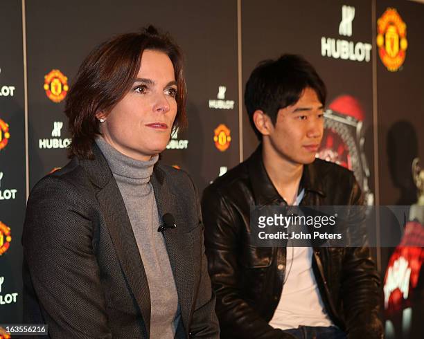 Hublot marketing director Valerie Servageon Grande and Shinji Kagawa of Manchester United take part in a press conference before taking part in a...