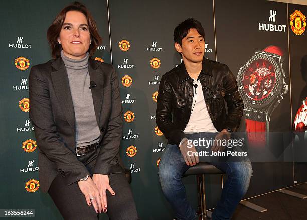Shinji Kagawa of Manchester United takes part in a press conference before taking part in a charity shooting event at Old Trafford on March 12, 2013...