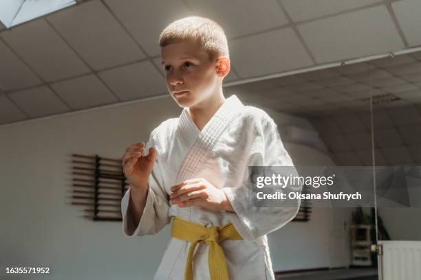 boy on the judo training - aikido stock pictures, royalty-free photos & images