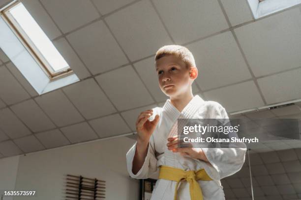 boy on the judo training - taekwondo kids stockfoto's en -beelden