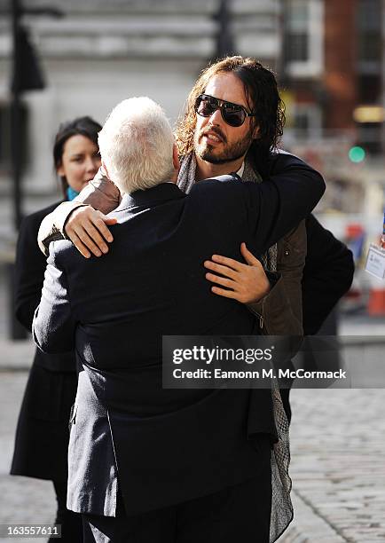 Russell Brand and Mitch Winehouse attend a photocall to launch the Amy Winehouse Foundation Drugs Resilience programme in UK schools at The Queen...