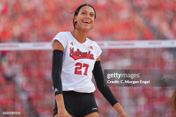 Harper Murray of the Nebraska Cornhuskers reacts against the Omaha Mavericks at Memorial Stadium on August 30, 2023 in Lincoln, Nebraska.