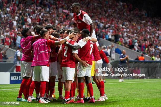 Abel Ruiz of SC Braga celebrates with his team mates after scoring his team's first goal during the UEFA Champions League Qualifying Play-Off First...
