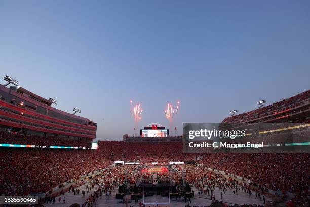 Fireworks are seen after The Nebraska Cornhuskers win the second set against the Omaha Mavericks at Memorial Stadium on August 30, 2023 in Lincoln,...