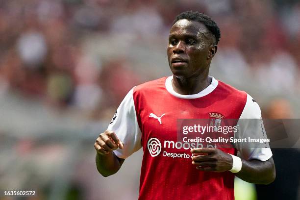 Armindo Tue Na Bangna 'Bruma' of SC Braga looks on during the UEFA Champions League Qualifying Play-Off First Leg match between SC Braga and...