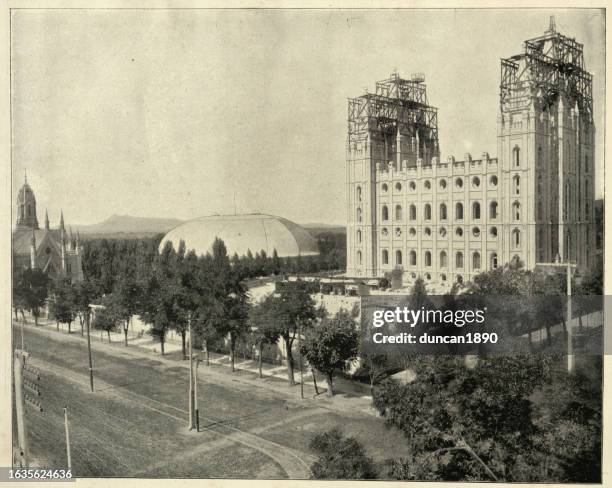 ilustrações, clipart, desenhos animados e ícones de construção do templo mórmon, salt lake city, utah, eua, após uma fotografia vintage do século 19 - salt lake city