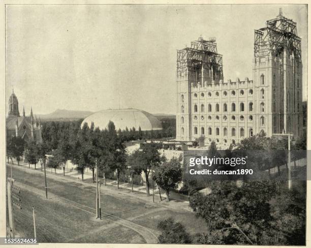 construction of the mormon temple, salt lake city, utah, usa, after a vintage photograph 19th century - salt lake city stock illustrations